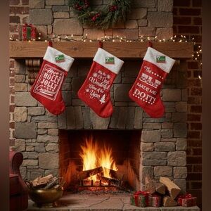 Set Of 3 Red Christmas Stockings With Festive Sayings & White Faux Fur Trim 16"